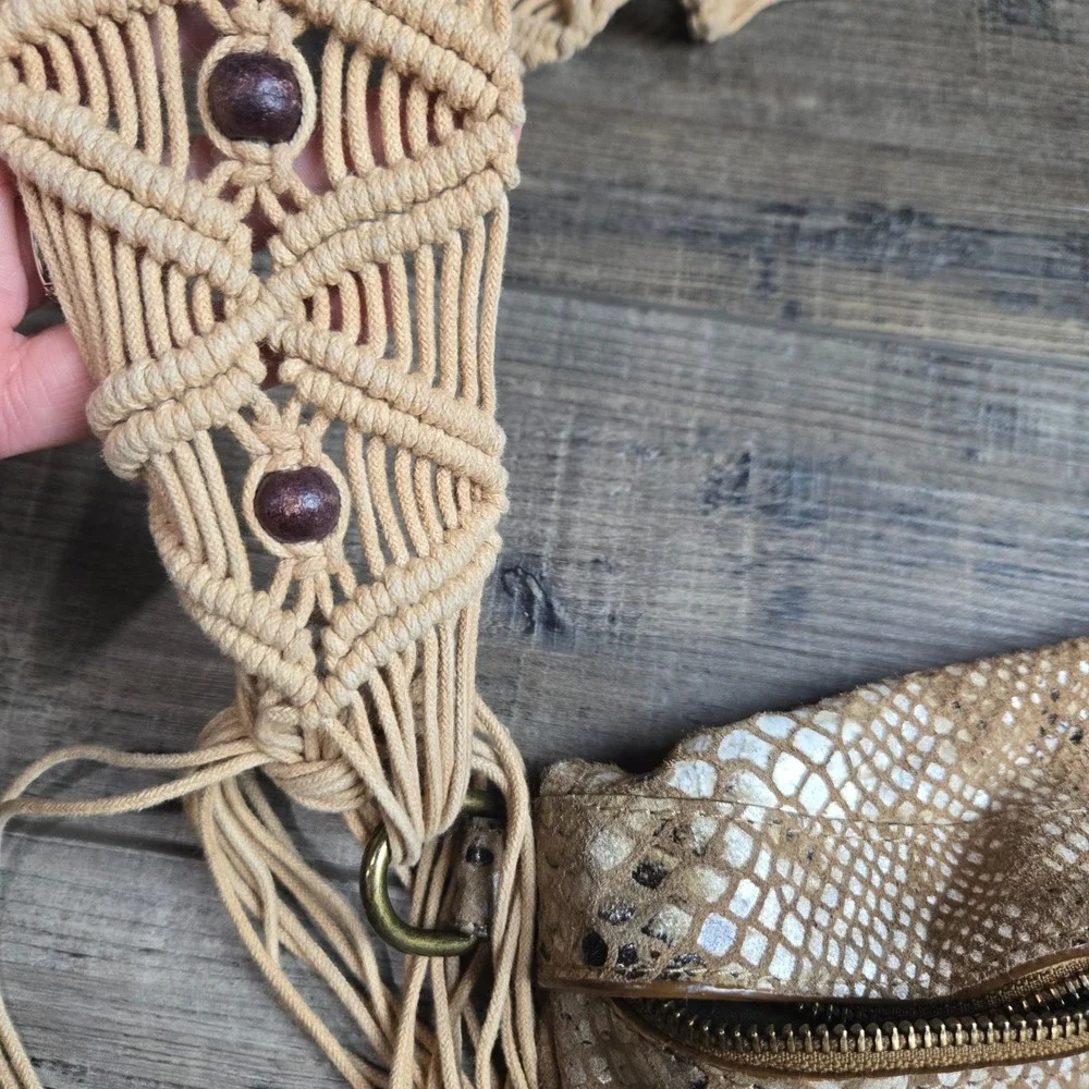 Free People Suede Snakeskin Macrame Sling Fringe Bag Tan Crossbody Purse Leather